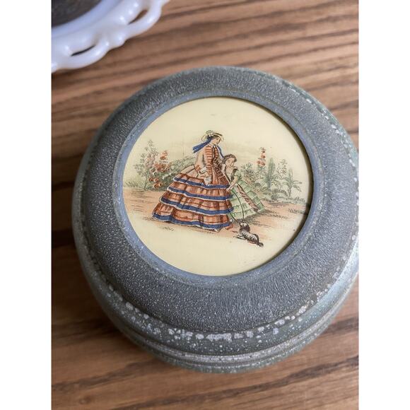 Lador Swiss Musical Powder Puff Box Blue Aluminum c1930s 40s  Vintage 1930s Lador Swiss Musical Powder Puff Box Aluminum Victorian Jewelry Box